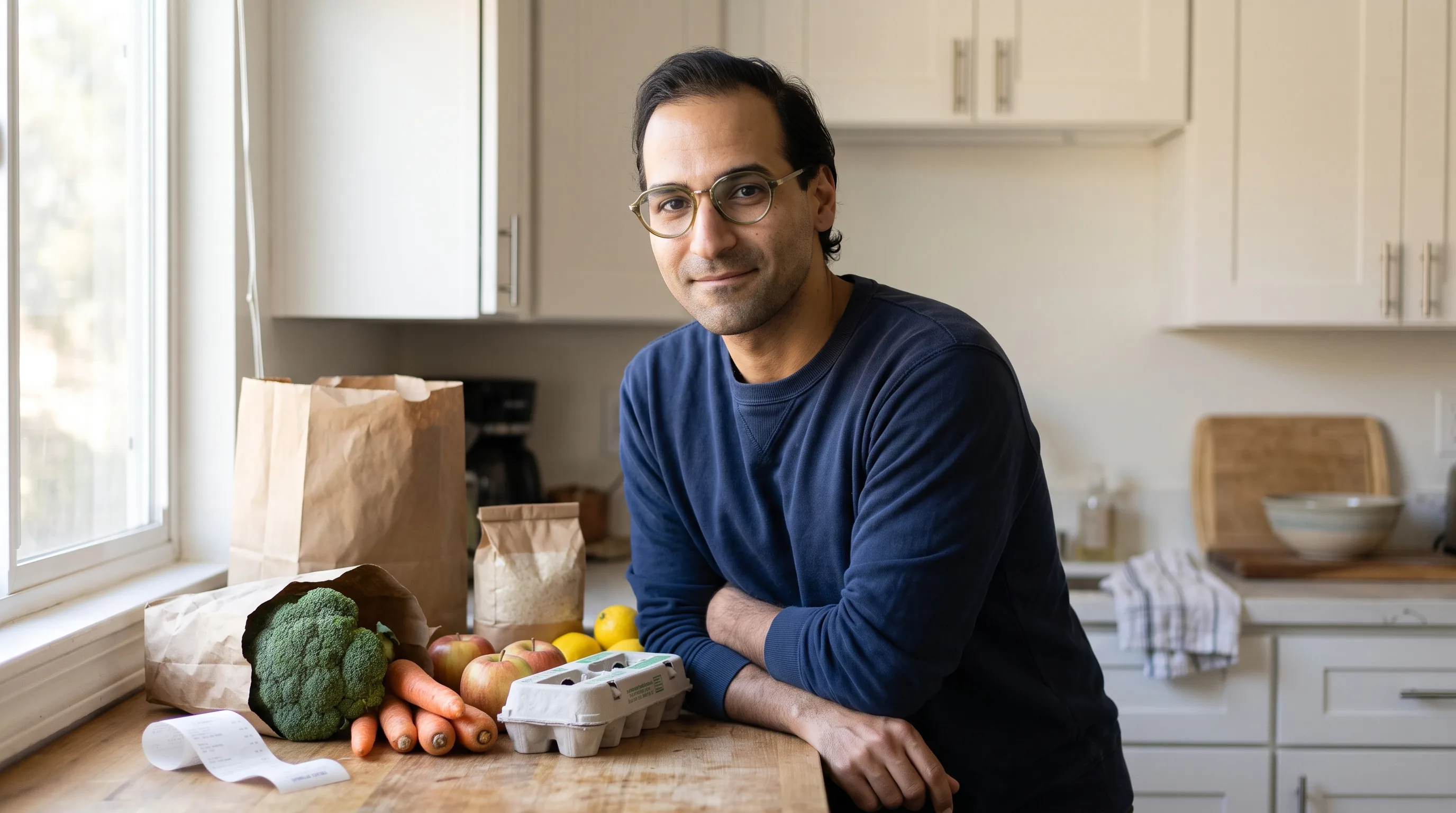 Aria, founder of Less4Food, leaning on a kitchen counter beside groceries, a paper bag and a receipt