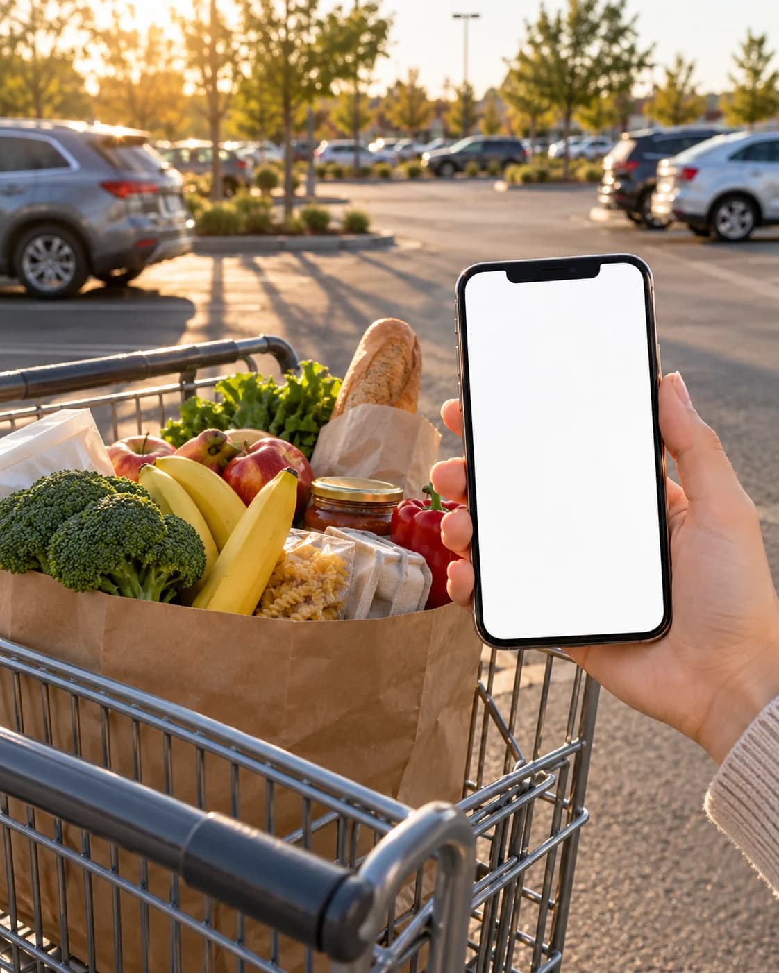 A hand holding a phone above a cart of groceries in a parking lot at golden hour