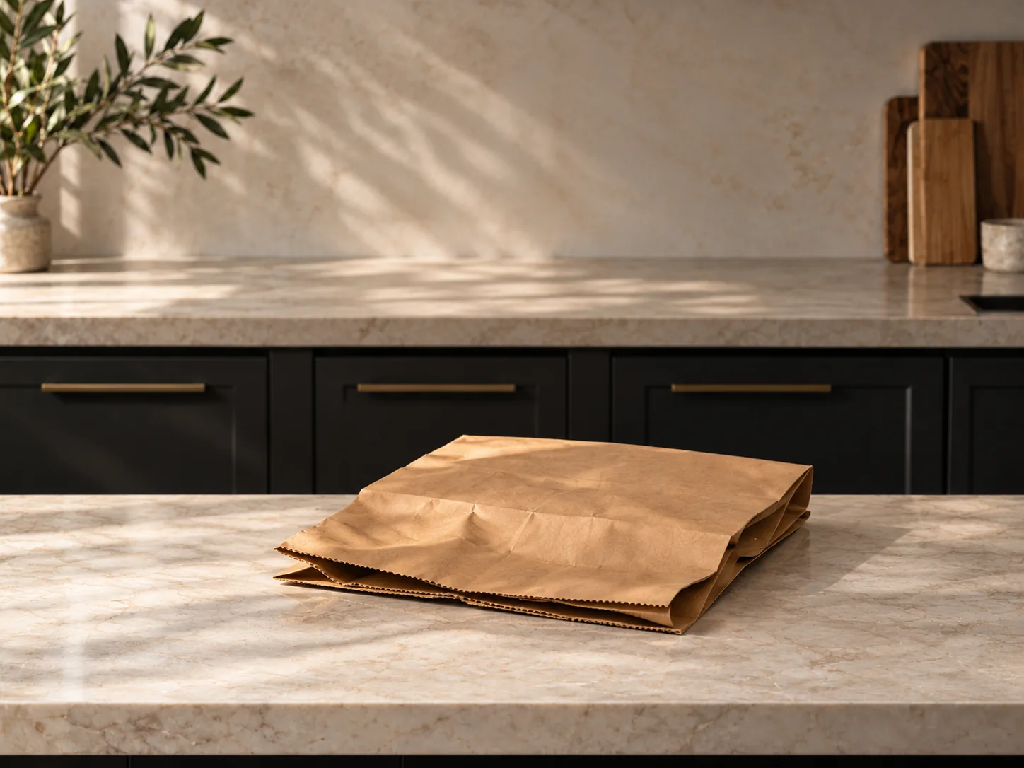 Empty wood counter in morning window light. A folded paper grocery bag.