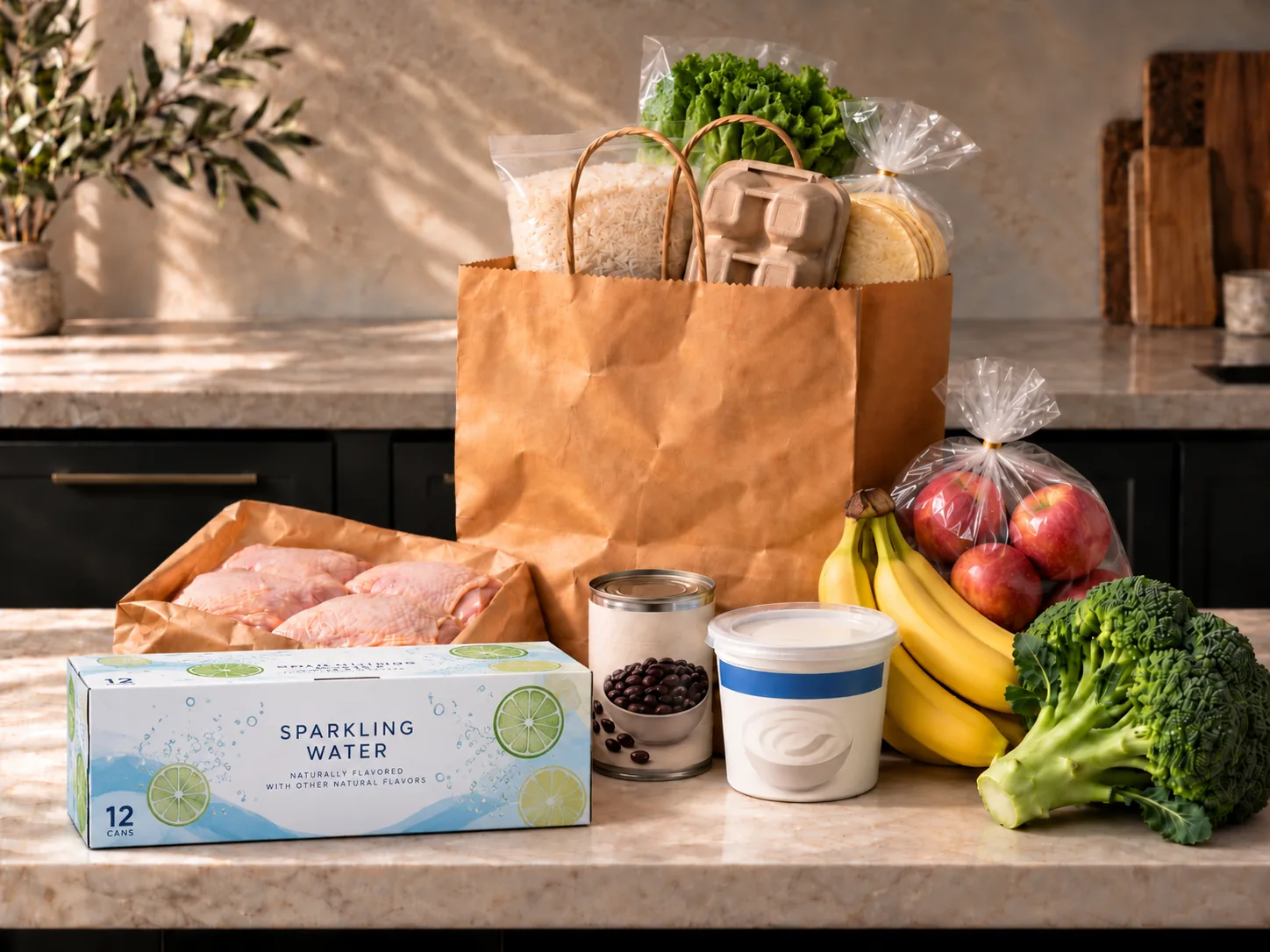 A 12-pack of sparkling water is set down. The bag is full.
